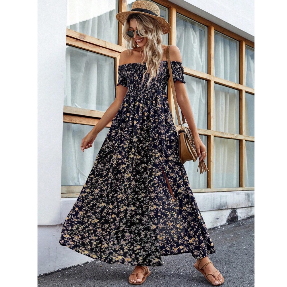 Ditsy Floral Off Shoulder Navy Blue Shirred Top Maxi Dress Leg Slit Flowy, Long - Picture 5 of 6